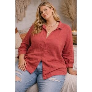 Richard Malcolm Women's Plus 2X Tunic Blouse Irish Linen L/S Button Down Pink